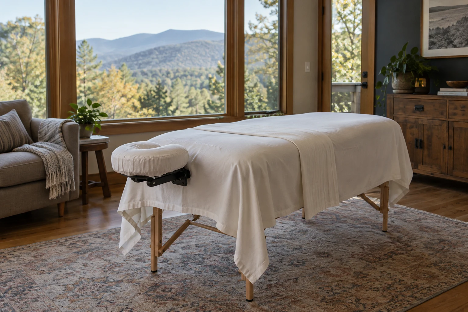 Illustrative mobile bodywork setup with a prepared massage table