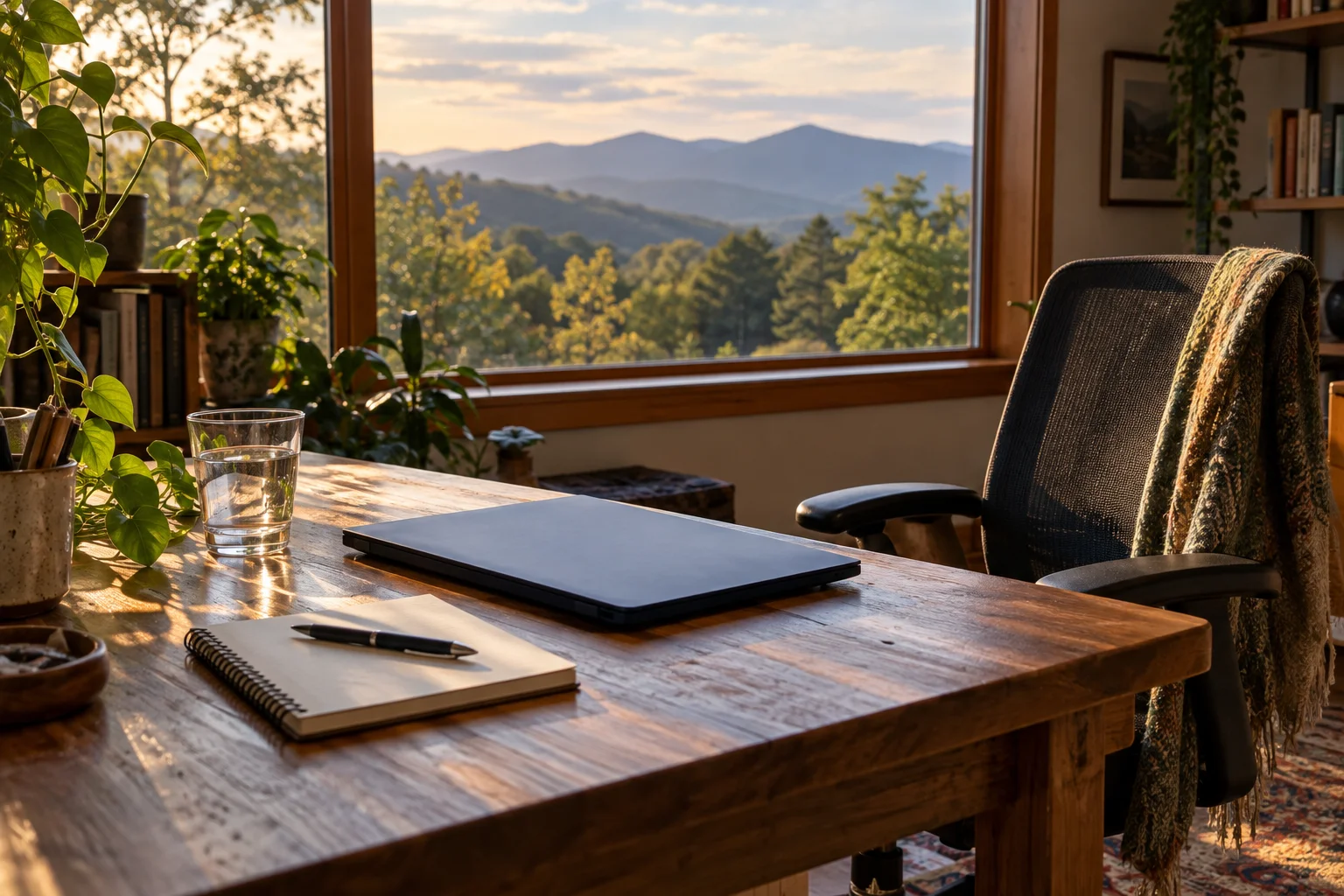 A closed laptop beside a notebook, with warm light and a mountain view